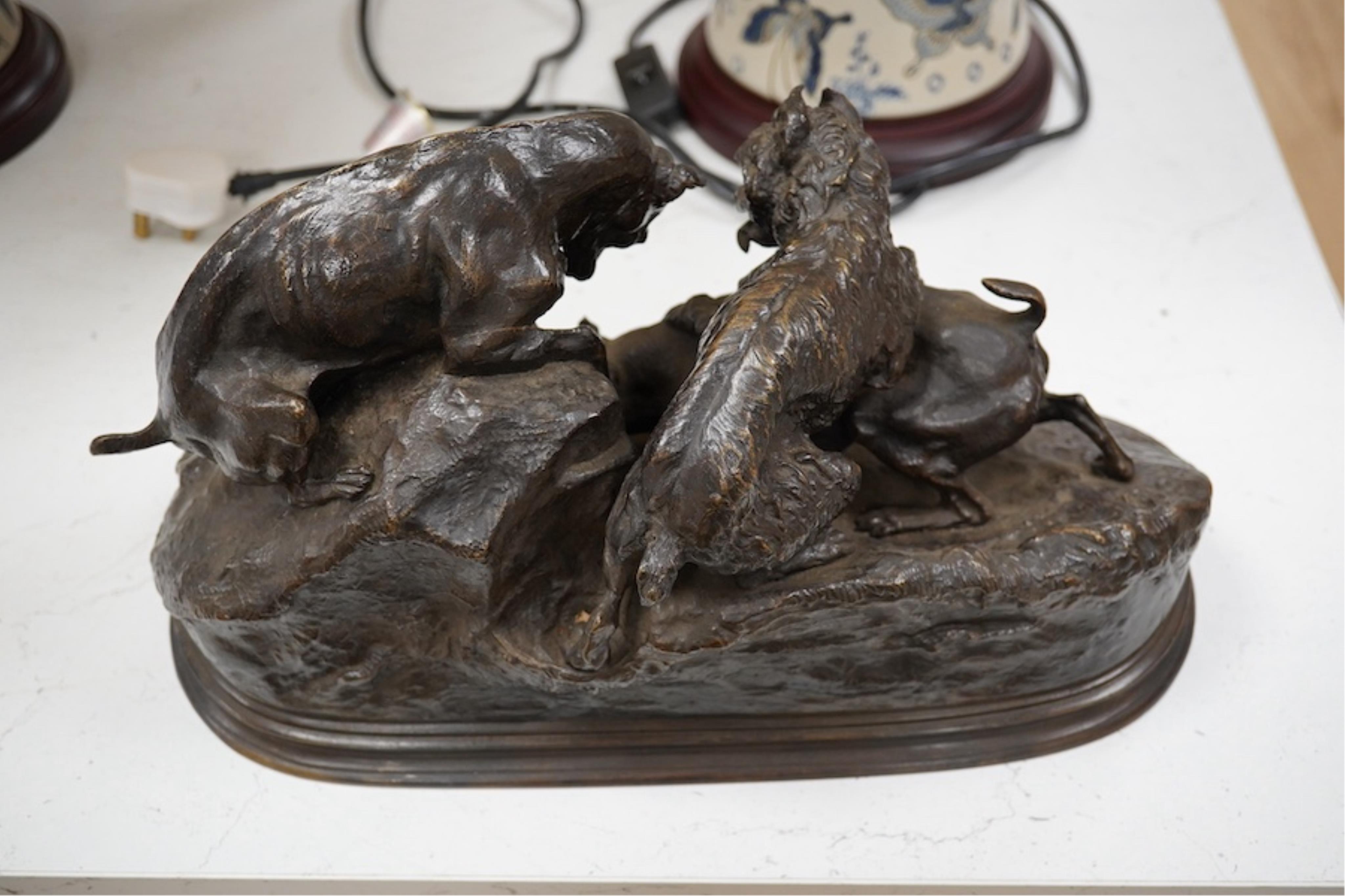 After Pierre Jules Mene (1810-1871) a bronze group ‘La Chasse au Lapin’, 37cm wide. Condition- fair to good